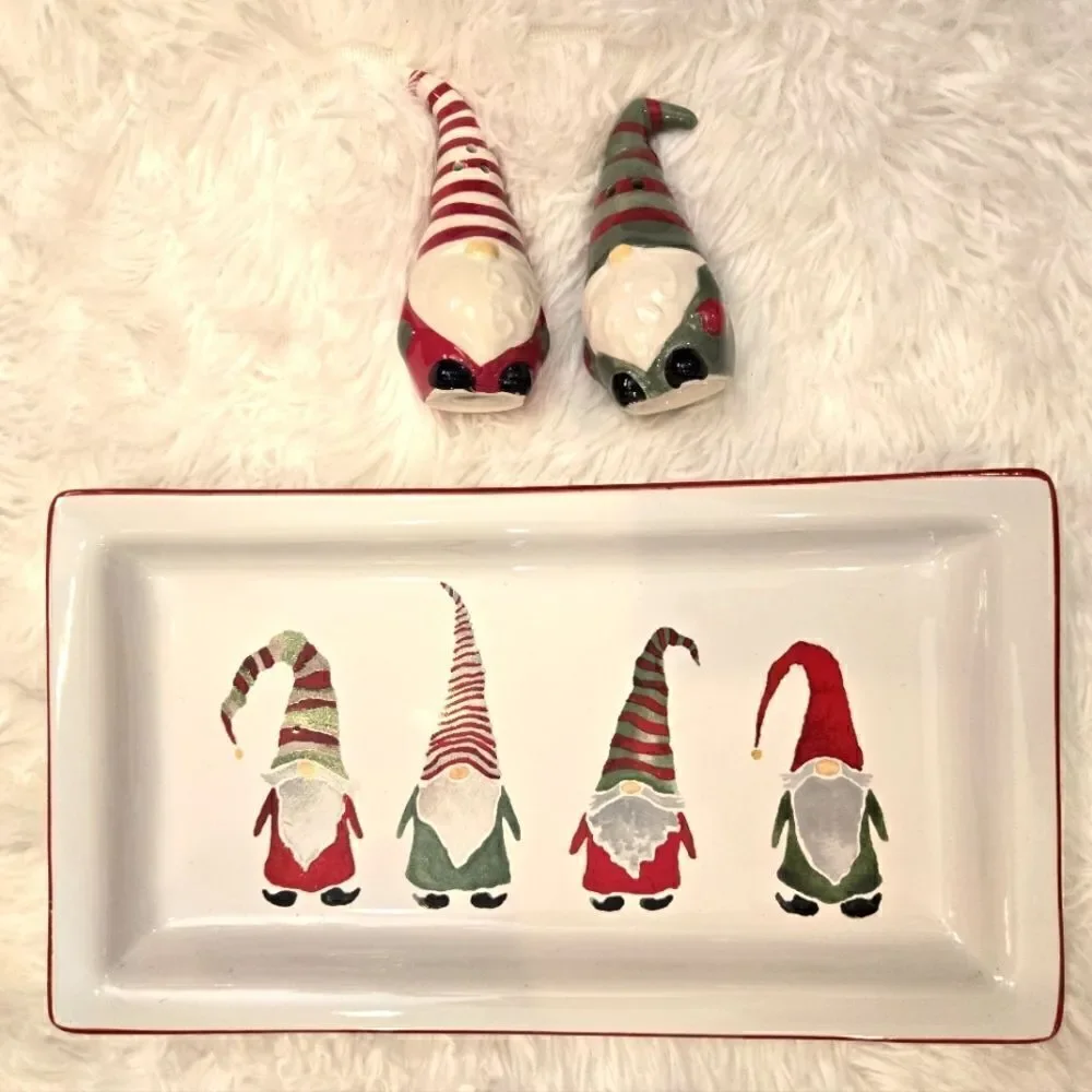 Gnomes Ceramic Serving Tray with Salt and Pepper Shakers NWT
